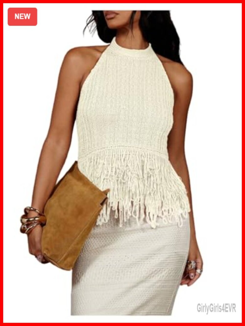 Sleeveless Fringe Trim Knit Halter Sweater Vest Going Out Top